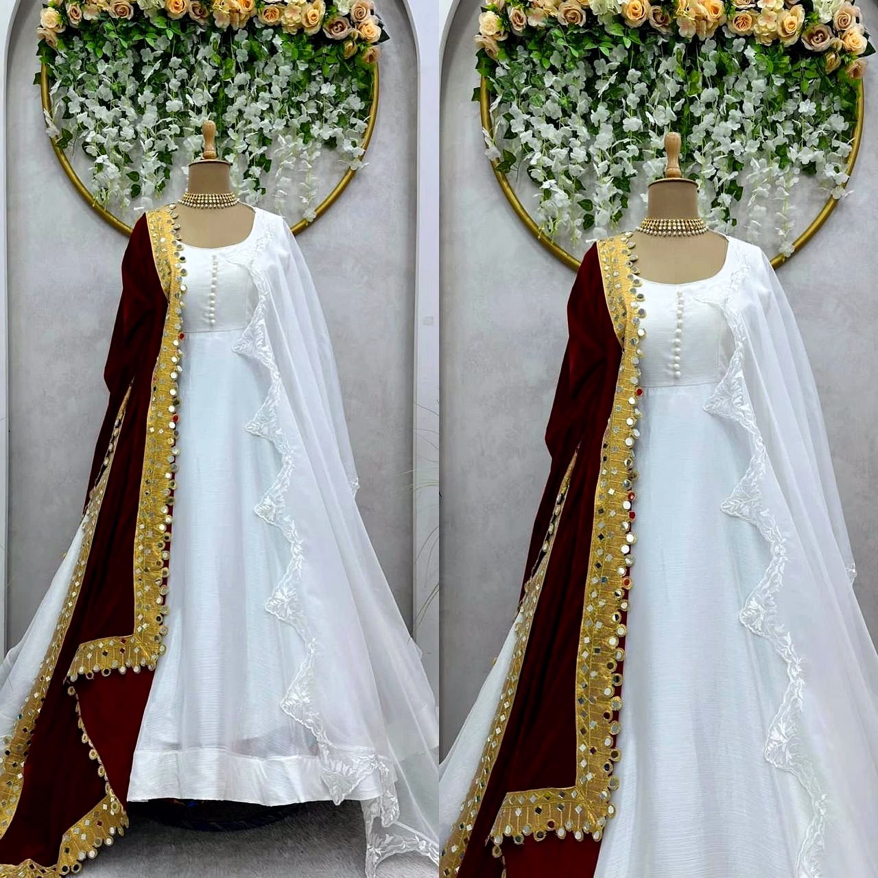 Chinon Silk Suit with Inner Work, Padded and Potali Button With Canvas Patta, Size Up to 42 (Full-Stitched), Flair 4.2M, Weight 1.4 KG, Velvet Dupatta with Thred work and Mirror, Size 2.2M, Tibby Silk Dupatta with Thred Work and Cut Work, Size 2.2M image 3