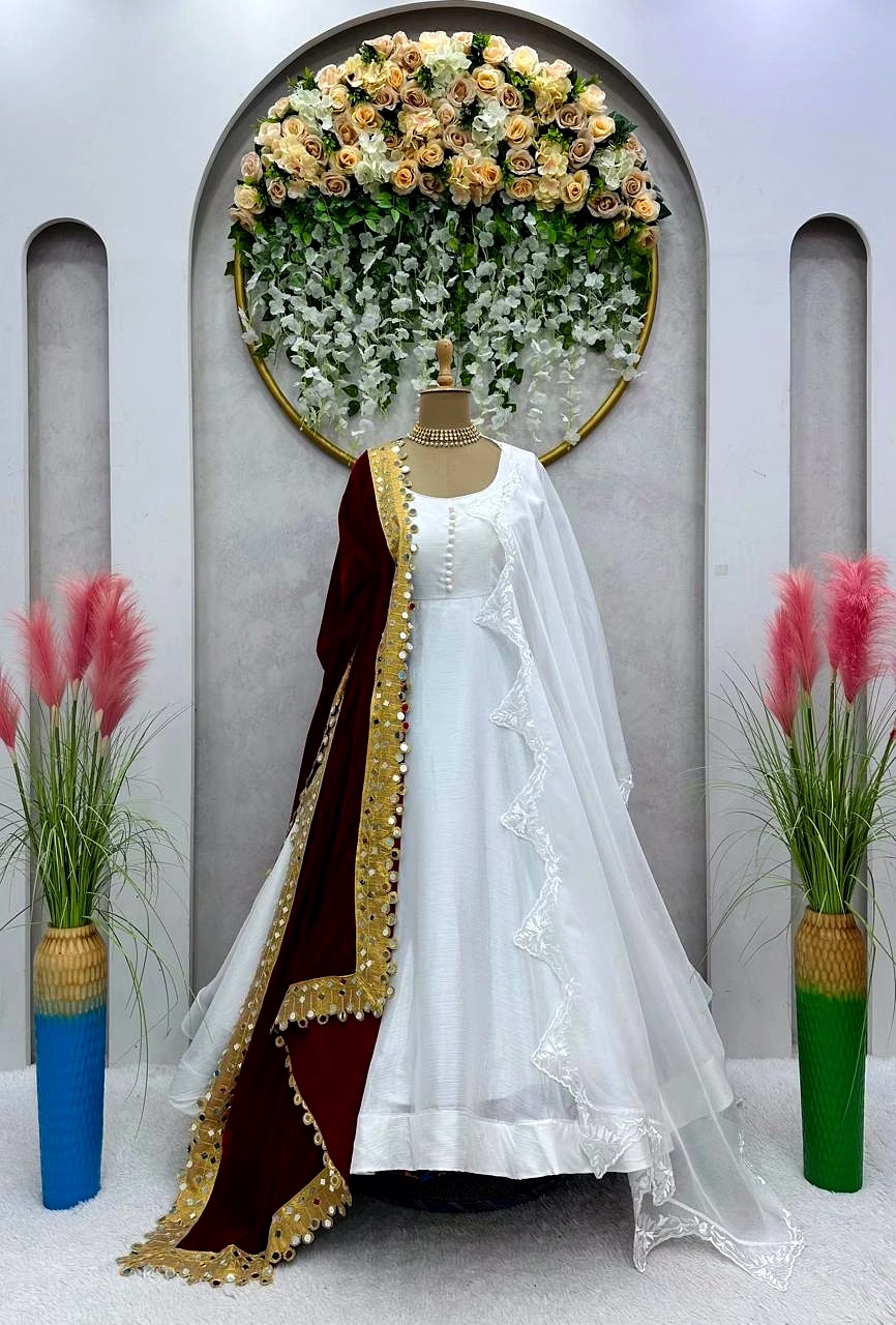 Chinon Silk Suit with Inner Work, Padded and Potali Button With Canvas Patta, Size Up to 42 (Full-Stitched), Flair 4.2M, Weight 1.4 KG, Velvet Dupatta with Thred work and Mirror, Size 2.2M, Tibby Silk Dupatta with Thred Work and Cut Work, Size 2.2M image 4