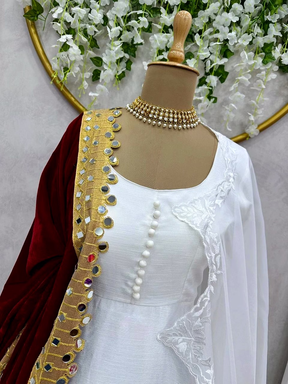 Chinon Silk Suit with Inner Work, Padded and Potali Button With Canvas Patta, Size Up to 42 (Full-Stitched), Flair 4.2M, Weight 1.4 KG, Velvet Dupatta with Thred work and Mirror, Size 2.2M, Tibby Silk Dupatta with Thred Work and Cut Work, Size 2.2M image 5