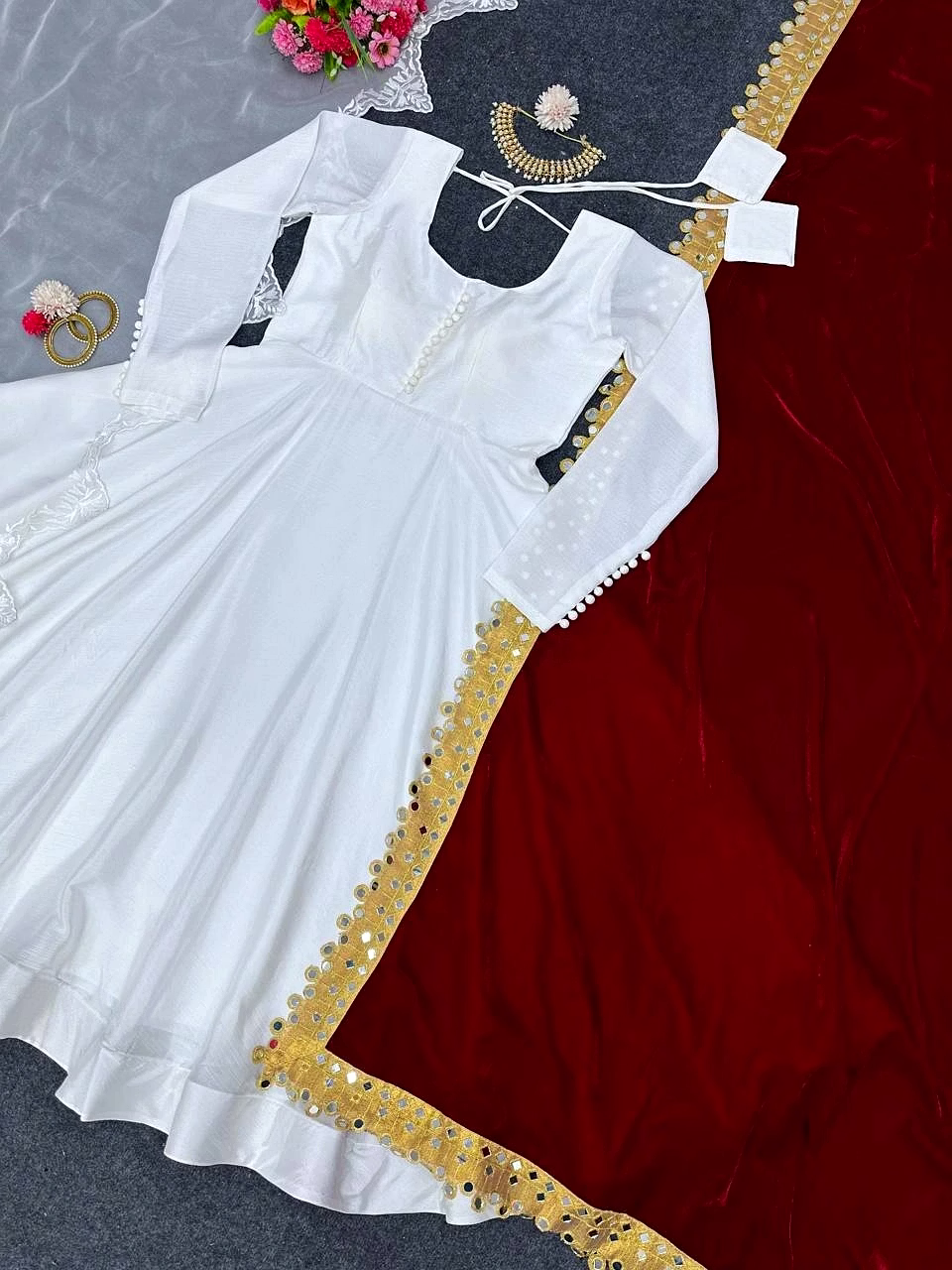 Chinon Silk Suit with Inner Work, Padded and Potali Button With Canvas Patta, Size Up to 42 (Full-Stitched), Flair 4.2M, Weight 1.4 KG, Velvet Dupatta with Thred work and Mirror, Size 2.2M, Tibby Silk Dupatta with Thred Work and Cut Work, Size 2.2M image 6