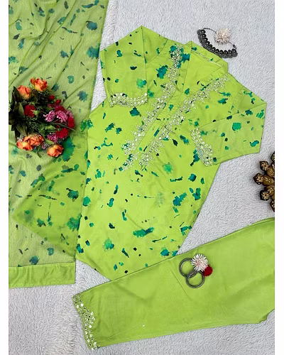 Beautiful Designer Suit on Crep Silk with Digital Print and Sequin Work, Crep Silk Pent, and Tibby Silk Dupatta with Digital Print - Size M(38), L(40), XL(42), XXL(44), XXXL(46), Free Size Pent, and 2.2M Dupatta-Lemon Yellow-M-4