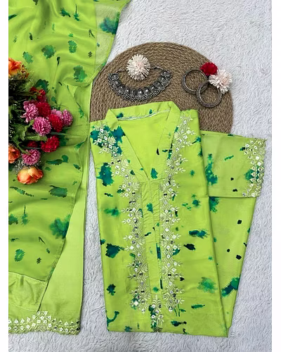 Beautiful Designer Suit on Crep Silk with Digital Print and Sequin Work, Crep Silk Pent, and Tibby Silk Dupatta with Digital Print - Size M(38), L(40), XL(42), XXL(44), XXXL(46), Free Size Pent, and 2.2M Dupatta-XL-Lemon Yellow-1