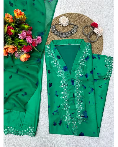 Beautiful Designer Suit on Crep Silk with Digital Print and Sequin Work, Crep Silk Pent, and Tibby Silk Dupatta with Digital Print - Size M(38), L(40), XL(42), XXL(44), XXXL(46), Free Size Pent, and 2.2M Dupatta-L-Green-3