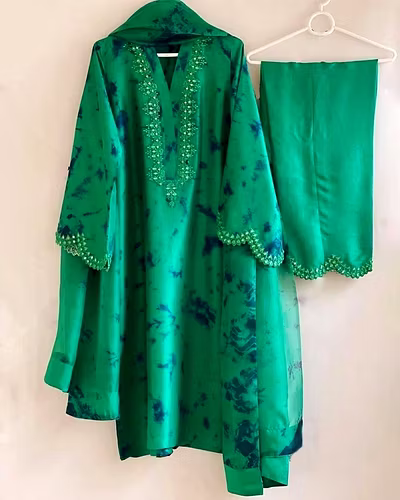Beautiful Designer Suit on Crep Silk with Digital Print and Sequin Work, Crep Silk Pent, and Tibby Silk Dupatta with Digital Print - Size M(38), L(40), XL(42), XXL(44), XXXL(46), Free Size Pent, and 2.2M Dupatta-RKD1399-Green-XXL