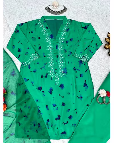 Beautiful Designer Suit on Crep Silk with Digital Print and Sequin Work, Crep Silk Pent, and Tibby Silk Dupatta with Digital Print - Size M(38), L(40), XL(42), XXL(44), XXXL(46), Free Size Pent, and 2.2M Dupatta-XXL-Green-2
