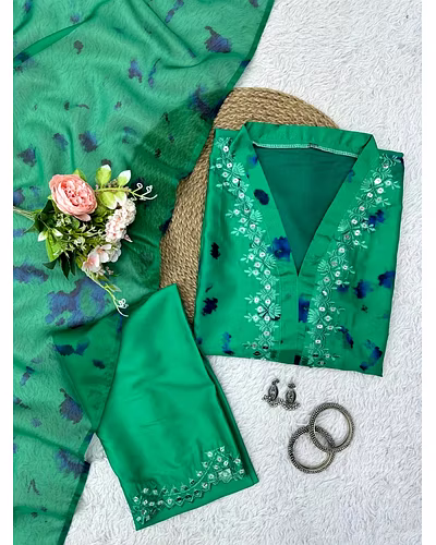 Beautiful Designer Suit on Crep Silk with Digital Print and Sequin Work, Crep Silk Pent, and Tibby Silk Dupatta with Digital Print - Size M(38), L(40), XL(42), XXL(44), XXXL(46), Free Size Pent, and 2.2M Dupatta-XXL-Green-4