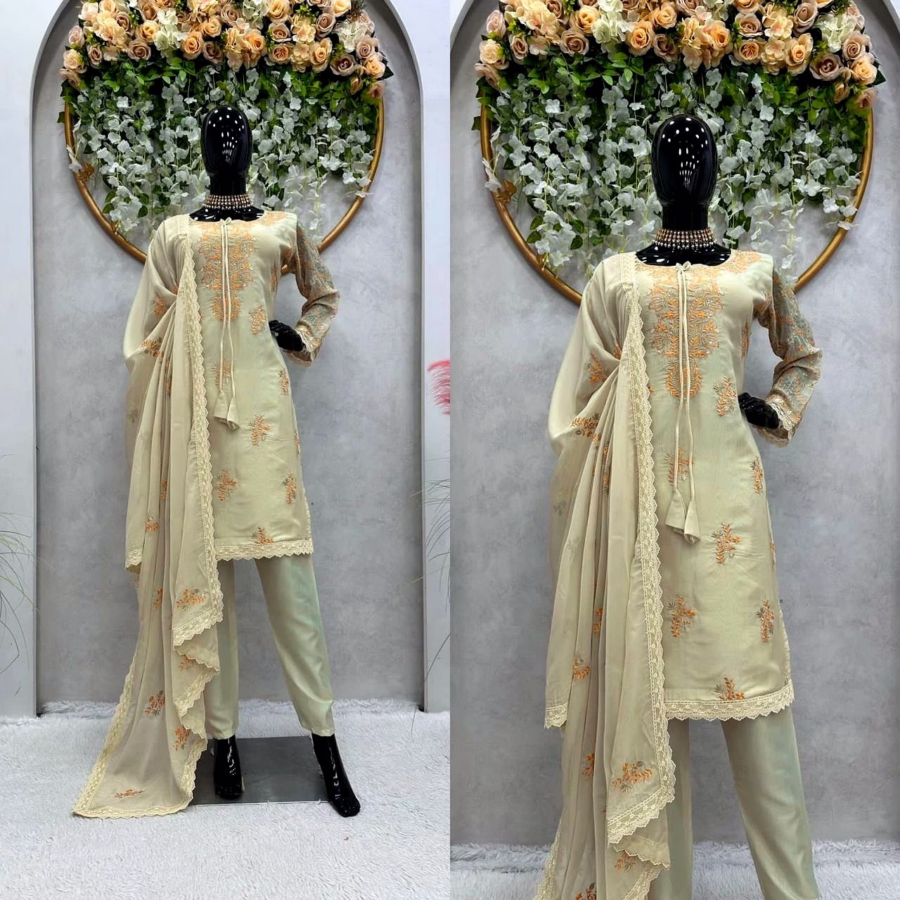 ynf beautiful designer suit set | tibby silk fabric | heavy thread & sequence work | matching dupatta | crepe pants | size up to 42 | 0.800 grm | full-stitched | elastic waist | 2.2m dupatta size