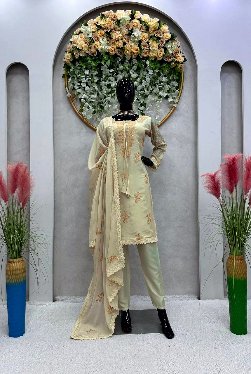 Beautiful Designer Suit Set | Tibby Silk Fabric | Heavy Thread & Sequence Work | Matching Dupatta | Crepe Pants | Size up to 42 | 0.800 GRM | Full-Stitched | Elastic Waist | 2.2M Dupatta Size image 2