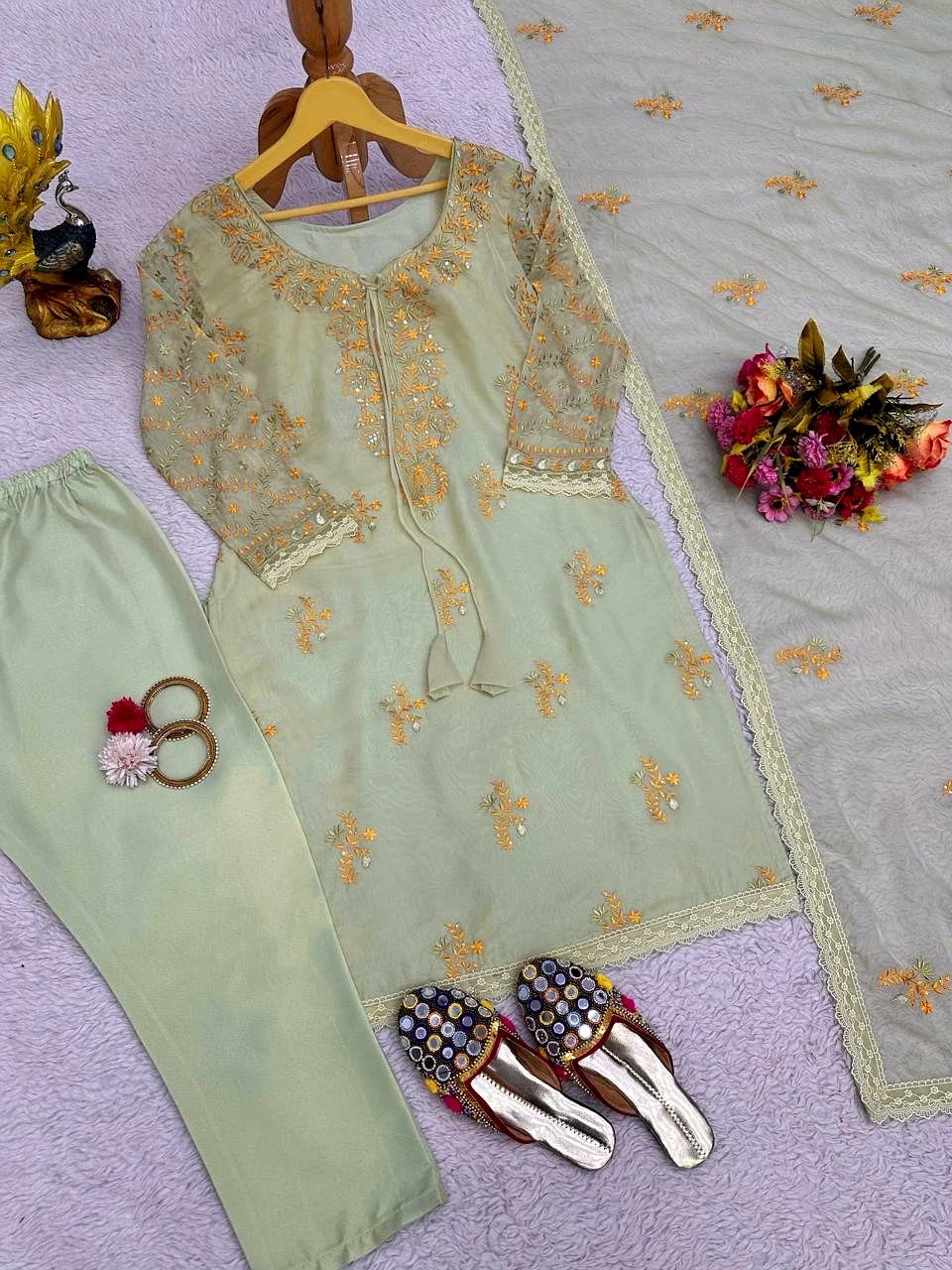 Beautiful Designer Suit Set | Tibby Silk Fabric | Heavy Thread & Sequence Work | Matching Dupatta | Crepe Pants | Size up to 42 | 0.800 GRM | Full-Stitched | Elastic Waist | 2.2M Dupatta Size image 4