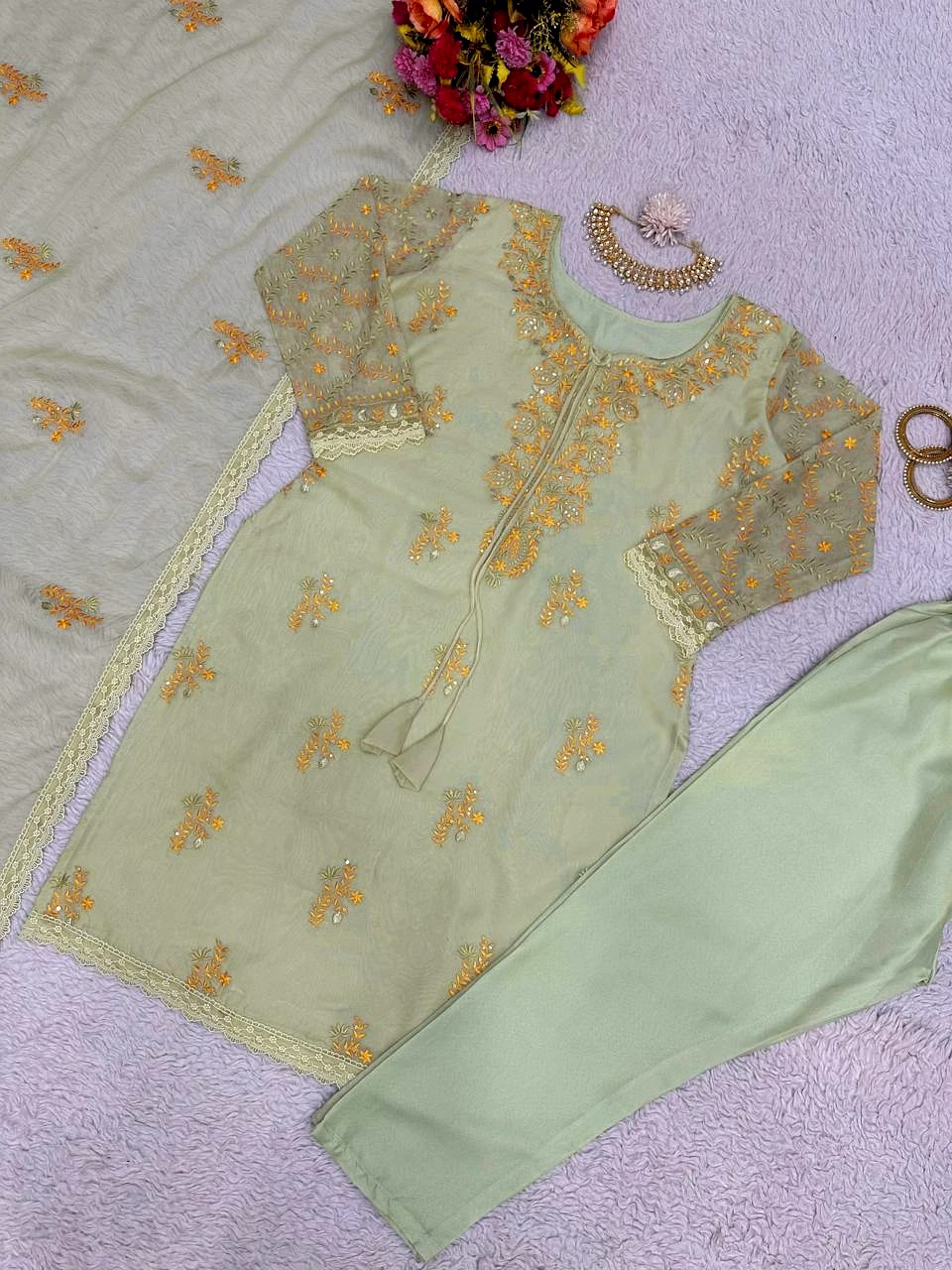 Beautiful Designer Suit Set | Tibby Silk Fabric | Heavy Thread & Sequence Work | Matching Dupatta | Crepe Pants | Size up to 42 | 0.800 GRM | Full-Stitched | Elastic Waist | 2.2M Dupatta Size image 5