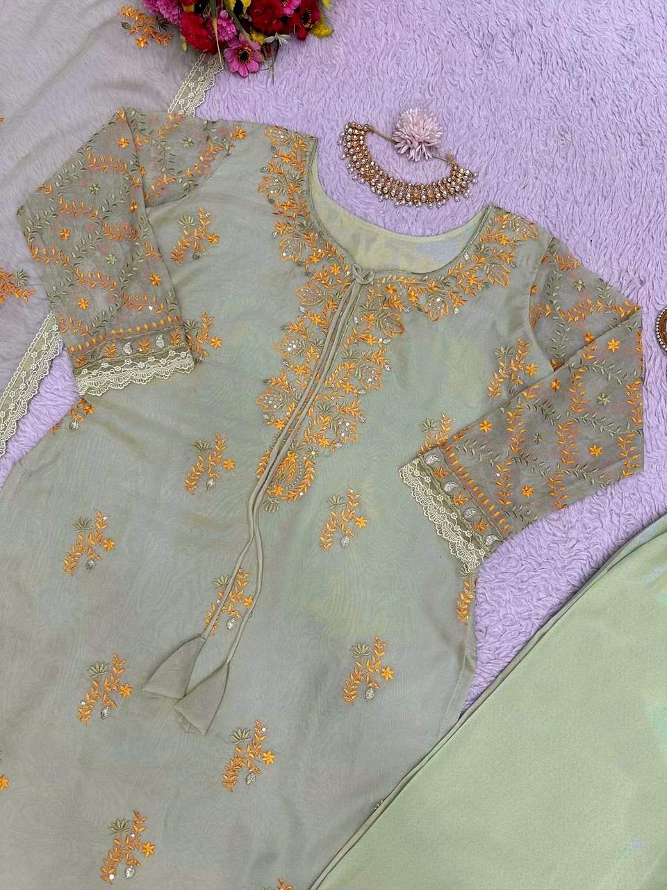 Beautiful Designer Suit Set | Tibby Silk Fabric | Heavy Thread & Sequence Work | Matching Dupatta | Crepe Pants | Size up to 42 | 0.800 GRM | Full-Stitched | Elastic Waist | 2.2M Dupatta Size image 6