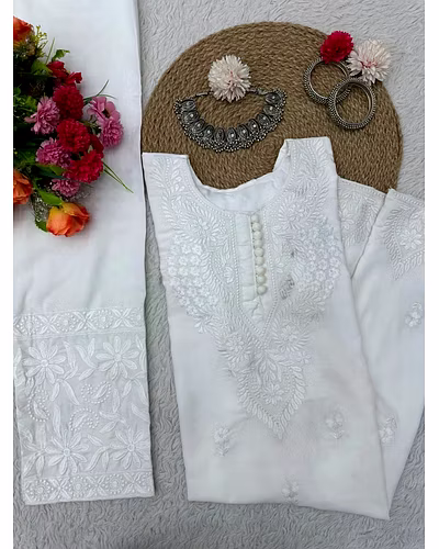 💃🏻💃🏻 Elegant Muslin Suit with Thred Work, 40&quot; Length, 0.700 GRM Weight, Size up to 42 (Free size) and 👖👖 Stylish Havy Reyon Pent with Thred Work, 40&quot; Length, Full Stiched with Elastic (up to 42) Size-White-2