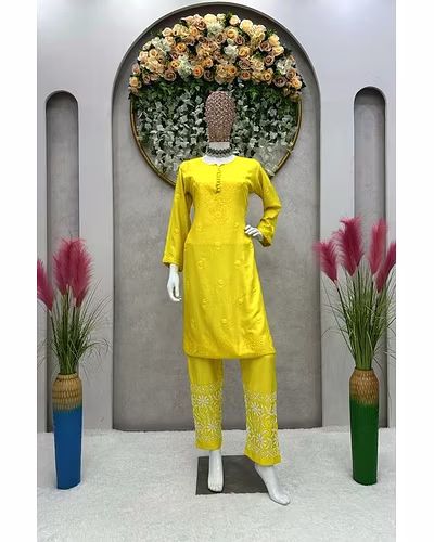 💃🏻💃🏻 Elegant Muslin Suit with Thred Work, 40&quot; Length, 0.700 GRM Weight, Size up to 42 (Free size) and 👖👖 Stylish Havy Reyon Pent with Thred Work, 40&quot; Length, Full Stiched with Elastic (up to 42) Size-RKD1395-Yellow