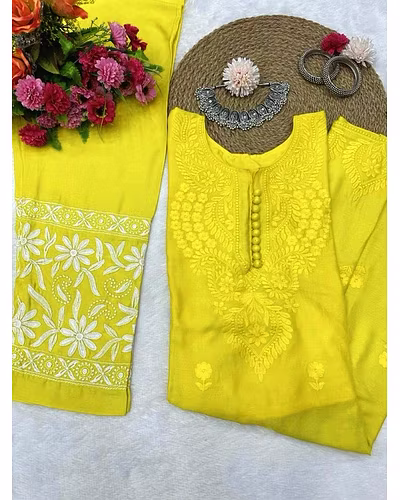 💃🏻💃🏻 Elegant Muslin Suit with Thred Work, 40&quot; Length, 0.700 GRM Weight, Size up to 42 (Free size) and 👖👖 Stylish Havy Reyon Pent with Thred Work, 40&quot; Length, Full Stiched with Elastic (up to 42) Size-Yellow-2