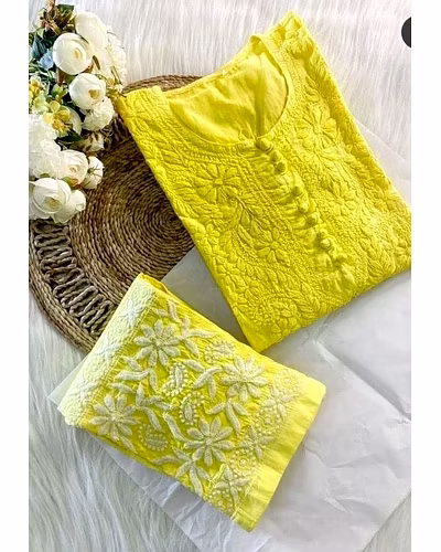💃🏻💃🏻 Elegant Muslin Suit with Thred Work, 40&quot; Length, 0.700 GRM Weight, Size up to 42 (Free size) and 👖👖 Stylish Havy Reyon Pent with Thred Work, 40&quot; Length, Full Stiched with Elastic (up to 42) Size-Yellow-3