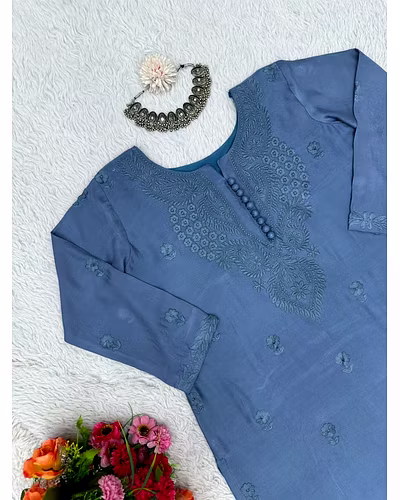 💃🏻💃🏻 Elegant Muslin Suit with Thred Work, 40&quot; Length, 0.700 GRM Weight, Size up to 42 (Free size) and 👖👖 Stylish Havy Reyon Pent with Thred Work, 40&quot; Length, Full Stiched with Elastic (up to 42) Size-Grey-3
