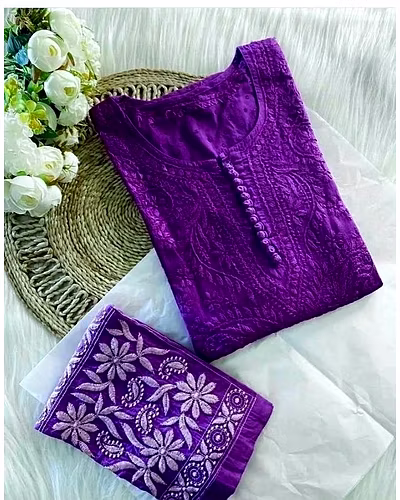 💃🏻💃🏻 Elegant Muslin Suit with Thred Work, 40&quot; Length, 0.700 GRM Weight, Size up to 42 (Free size) and 👖👖 Stylish Havy Reyon Pent with Thred Work, 40&quot; Length, Full Stiched with Elastic (up to 42) Size-Purple-2
