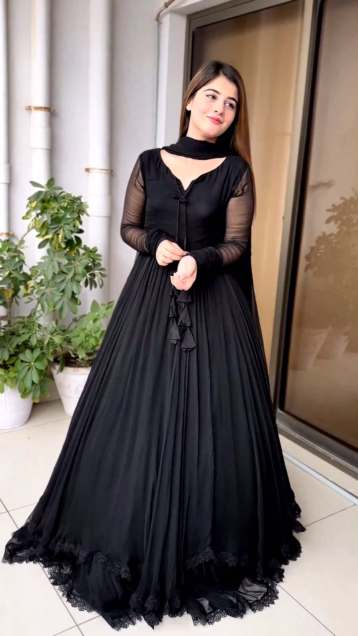 ynf elegant georgette gown with lace & tassel detailing | sizes m(38), l(40), xl(42) | 54" length | 0.900kg weight | 3.5m flair | faux georgette dupatta, plain, 2.2m