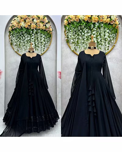 Elegant Georgette Gown with Lace &amp; Tassel Detailing | Sizes M(38), L(40), XL(42) | 54&quot; Length | 0.900kg Weight | 3.5M Flair | Faux Georgette Dupatta, Plain, 2.2M-Black-M-1