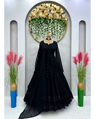 Elegant Georgette Gown with Lace &amp; Tassel Detailing | Sizes M(38), L(40), XL(42) | 54&quot; Length | 0.900kg Weight | 3.5M Flair | Faux Georgette Dupatta, Plain, 2.2M-Black-M-2