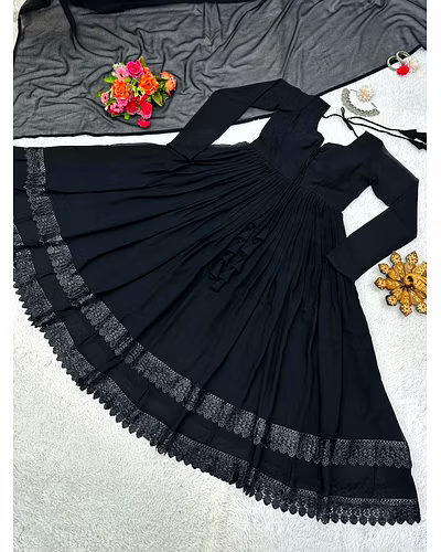 Elegant Georgette Gown with Lace &amp; Tassel Detailing | Sizes M(38), L(40), XL(42) | 54&quot; Length | 0.900kg Weight | 3.5M Flair | Faux Georgette Dupatta, Plain, 2.2M-Black-M-3
