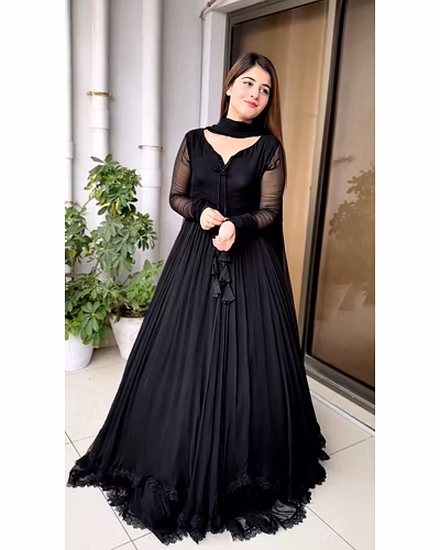 Elegant Georgette Gown with Lace &amp; Tassel Detailing | Sizes M(38), L(40), XL(42) | 54&quot; Length | 0.900kg Weight | 3.5M Flair | Faux Georgette Dupatta, Plain, 2.2M-RKD1392-Black-L