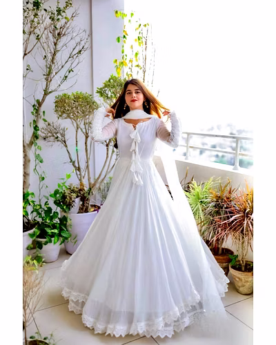 Elegant Georgette Gown with Lace &amp; Tassel Detailing | Sizes M(38), L(40), XL(42) | 54&quot; Length | 0.900kg Weight | 3.5M Flair | Faux Georgette Dupatta, Plain, 2.2M-RKD1392-White-M
