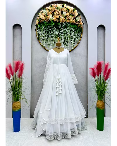 Elegant Georgette Gown with Lace &amp; Tassel Detailing | Sizes M(38), L(40), XL(42) | 54&quot; Length | 0.900kg Weight | 3.5M Flair | Faux Georgette Dupatta, Plain, 2.2M-M-White-2