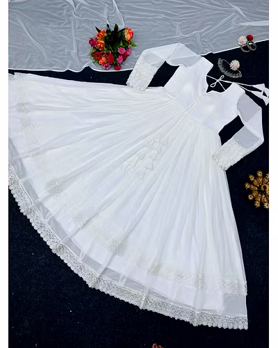 Elegant Georgette Gown with Lace &amp; Tassel Detailing | Sizes M(38), L(40), XL(42) | 54&quot; Length | 0.900kg Weight | 3.5M Flair | Faux Georgette Dupatta, Plain, 2.2M-M-White-3