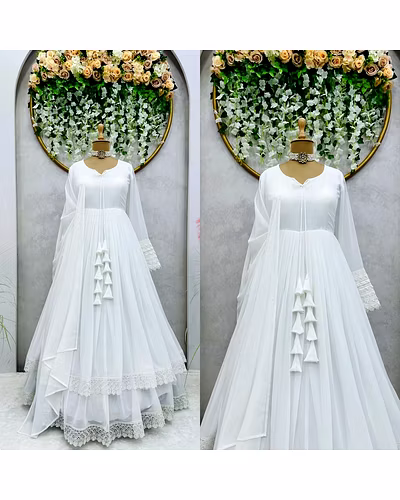 Elegant Georgette Gown with Lace &amp; Tassel Detailing | Sizes M(38), L(40), XL(42) | 54&quot; Length | 0.900kg Weight | 3.5M Flair | Faux Georgette Dupatta, Plain, 2.2M-L-White-1