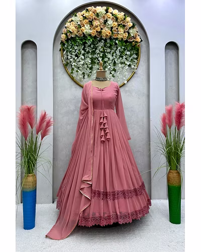 Elegant Georgette Gown with Lace &amp; Tassel Detailing | Sizes M(38), L(40), XL(42) | 54&quot; Length | 0.900kg Weight | 3.5M Flair | Faux Georgette Dupatta, Plain, 2.2M-L-Peach-2