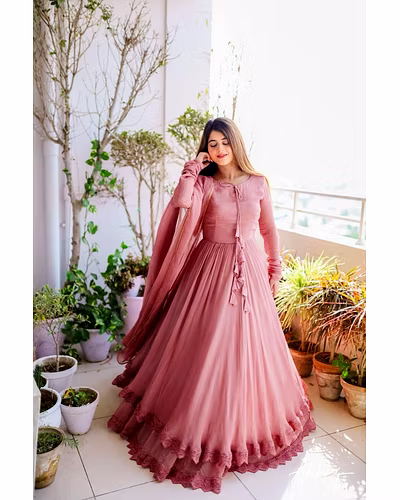 Elegant Georgette Gown with Lace &amp; Tassel Detailing | Sizes M(38), L(40), XL(42) | 54&quot; Length | 0.900kg Weight | 3.5M Flair | Faux Georgette Dupatta, Plain, 2.2M-RKD1392-Peach-XL