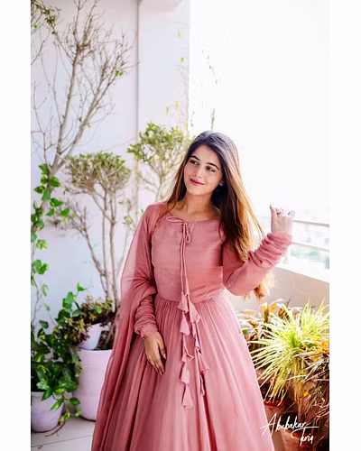 Elegant Georgette Gown with Lace &amp; Tassel Detailing | Sizes M(38), L(40), XL(42) | 54&quot; Length | 0.900kg Weight | 3.5M Flair | Faux Georgette Dupatta, Plain, 2.2M-XL-Peach-1