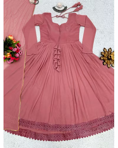 Elegant Georgette Gown with Lace &amp; Tassel Detailing | Sizes M(38), L(40), XL(42) | 54&quot; Length | 0.900kg Weight | 3.5M Flair | Faux Georgette Dupatta, Plain, 2.2M-XL-Peach-3
