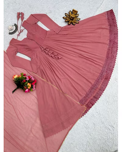 Elegant Georgette Gown with Lace &amp; Tassel Detailing | Sizes M(38), L(40), XL(42) | 54&quot; Length | 0.900kg Weight | 3.5M Flair | Faux Georgette Dupatta, Plain, 2.2M-XL-Peach-4