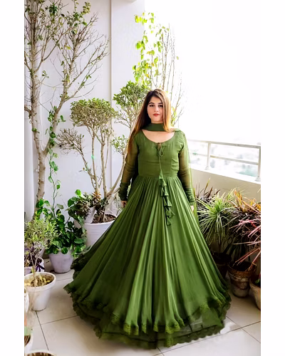 Elegant Georgette Gown with Lace &amp; Tassel Detailing | Sizes M(38), L(40), XL(42) | 54&quot; Length | 0.900kg Weight | 3.5M Flair | Faux Georgette Dupatta, Plain, 2.2M-RKD1392-Green-M