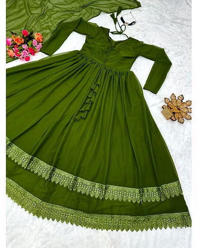 Elegant Georgette Gown with Lace &amp; Tassel Detailing | Sizes M(38), L(40), XL(42) | 54&quot; Length | 0.900kg Weight | 3.5M Flair | Faux Georgette Dupatta, Plain, 2.2M-M-Green-2