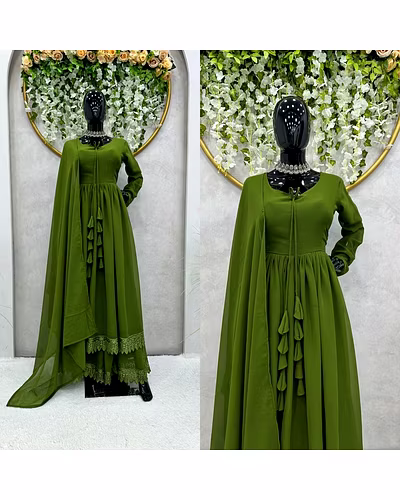 Elegant Georgette Gown with Lace &amp; Tassel Detailing | Sizes M(38), L(40), XL(42) | 54&quot; Length | 0.900kg Weight | 3.5M Flair | Faux Georgette Dupatta, Plain, 2.2M-L-Green-1