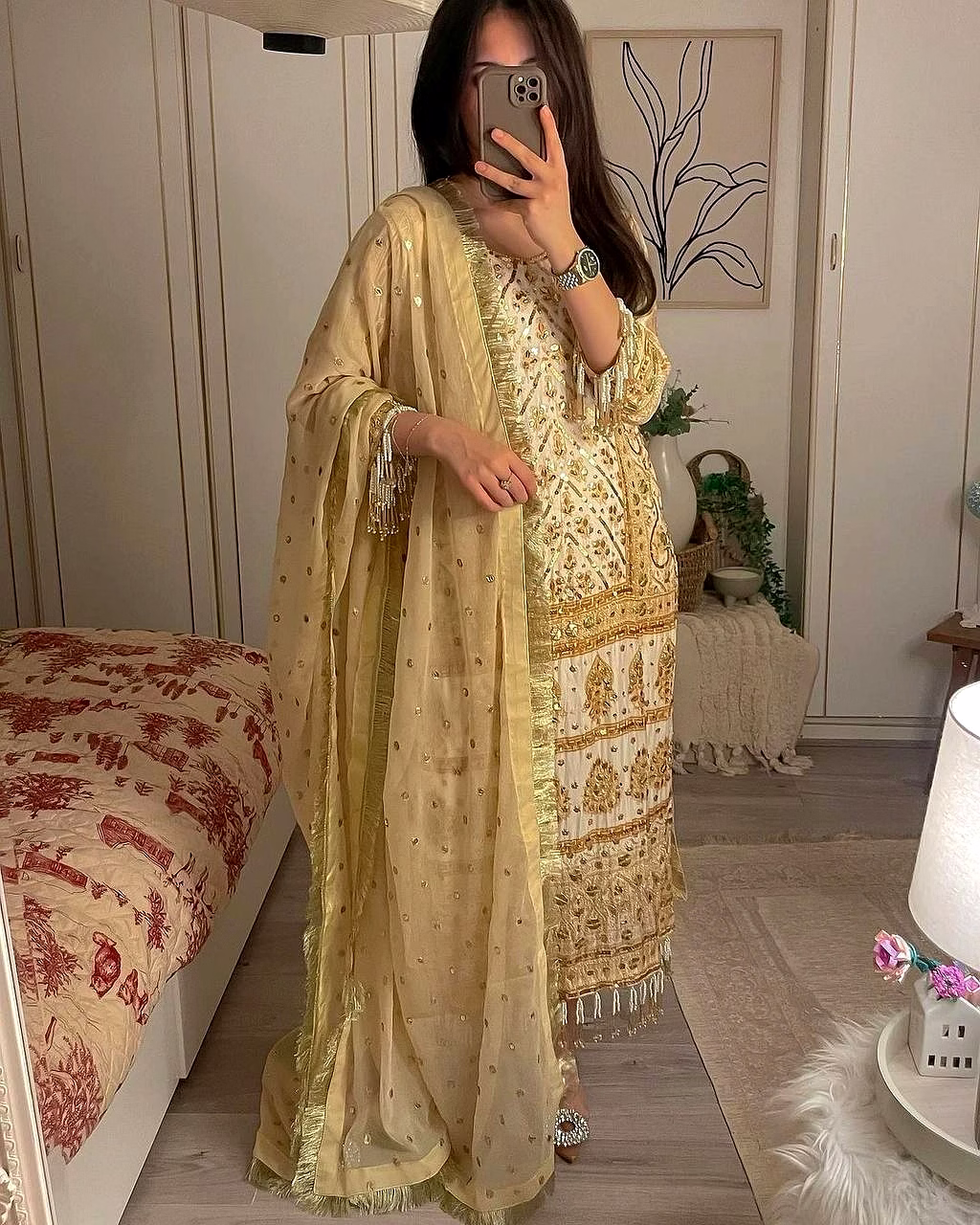 Designer Tafeta Satin Suit with Sequin & Thread Work, Faux Georgette Dupatta - M/L/XL (45") - 0.900 Grm image 5