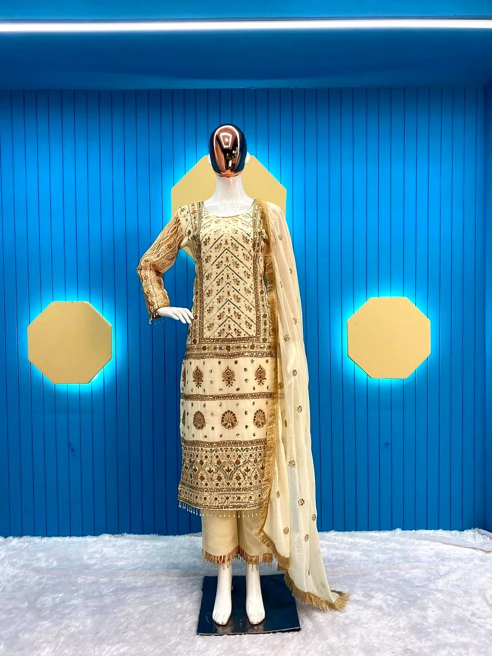 Designer Tafeta Satin Suit with Sequin & Thread Work, Faux Georgette Dupatta - M/L/XL (45") - 0.900 Grm image 8