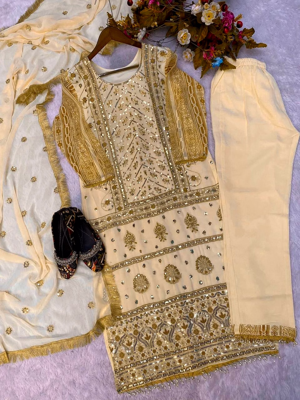 Designer Tafeta Satin Suit with Sequin & Thread Work, Faux Georgette Dupatta - M/L/XL (45") - 0.900 Grm image 12