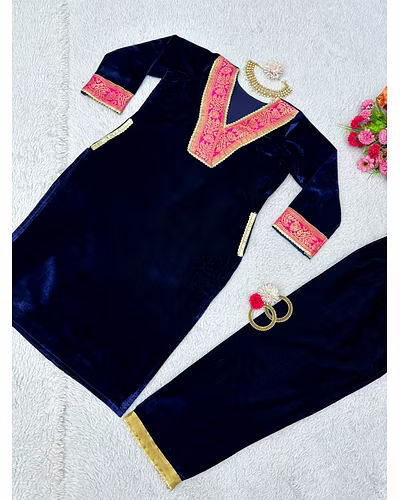 Velvet Suit with Jacquard Lace Work, 0.750 KG, M(38)-XL(42), Side Pocket, Velvet Pent, Lace Work, Full Stiched, Elastic (up to 42)-Navy Blue-M-7