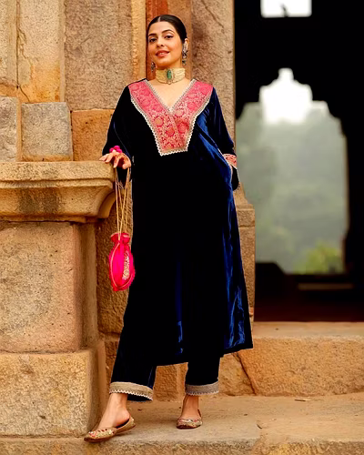 Velvet Suit with Jacquard Lace Work, 0.750 KG, M(38)-XL(42), Side Pocket, Velvet Pent, Lace Work, Full Stiched, Elastic (up to 42)-Navy Blue-L-2