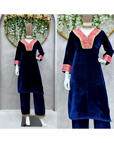 Velvet Suit with Jacquard Lace Work, 0.750 KG, M(38)-XL(42), Side Pocket, Velvet Pent, Lace Work, Full Stiched, Elastic (up to 42)-Navy Blue-L-4