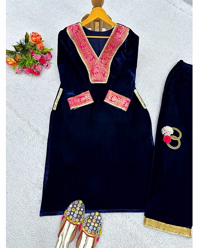 Velvet Suit with Jacquard Lace Work, 0.750 KG, M(38)-XL(42), Side Pocket, Velvet Pent, Lace Work, Full Stiched, Elastic (up to 42)-Navy Blue-L-8