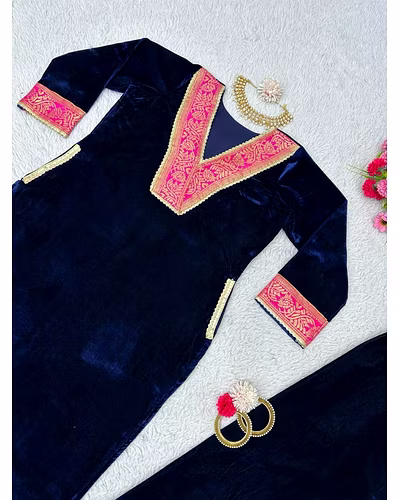 Velvet Suit with Jacquard Lace Work, 0.750 KG, M(38)-XL(42), Side Pocket, Velvet Pent, Lace Work, Full Stiched, Elastic (up to 42)-Navy Blue-L-11