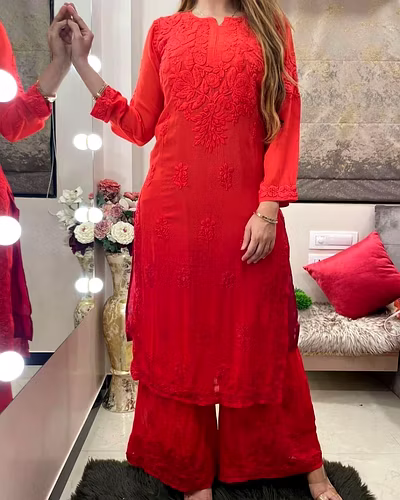💃🏻💃🏻Havy Reyon Chain-Stitch Suit, Weight 0.700 GRM, Colour 6, Length 40, Size M(38)-XXL(44)💃🏻💃🏻
👖Havy Reyon Chain-Stitch Palzoo, Length 40, Size Full Stiched with Elastic (up to 44)👖-RKD1389-Red-XXL