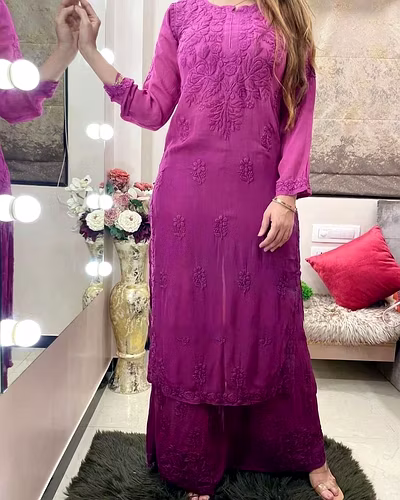 💃🏻💃🏻Havy Reyon Chain-Stitch Suit, Weight 0.700 GRM, Colour 6, Length 40, Size M(38)-XXL(44)💃🏻💃🏻
👖Havy Reyon Chain-Stitch Palzoo, Length 40, Size Full Stiched with Elastic (up to 44)👖-Magenta-XXL-1