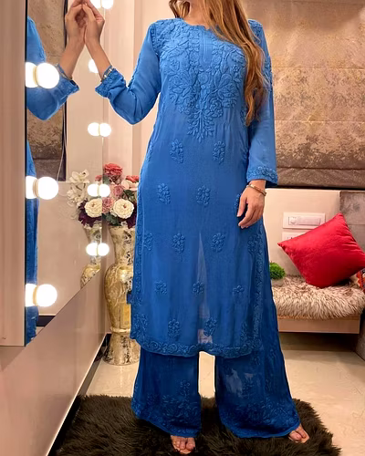 💃🏻💃🏻Havy Reyon Chain-Stitch Suit, Weight 0.700 GRM, Colour 6, Length 40, Size M(38)-XXL(44)💃🏻💃🏻
👖Havy Reyon Chain-Stitch Palzoo, Length 40, Size Full Stiched with Elastic (up to 44)👖-XL-Blue-1