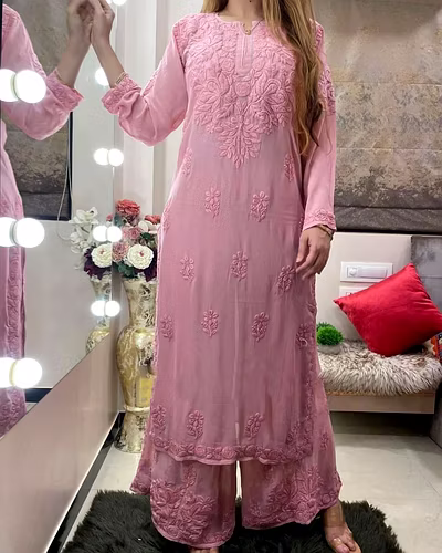 💃🏻💃🏻Havy Reyon Chain-Stitch Suit, Weight 0.700 GRM, Colour 6, Length 40, Size M(38)-XXL(44)💃🏻💃🏻
👖Havy Reyon Chain-Stitch Palzoo, Length 40, Size Full Stiched with Elastic (up to 44)👖-RKD1389-Pink-XXL